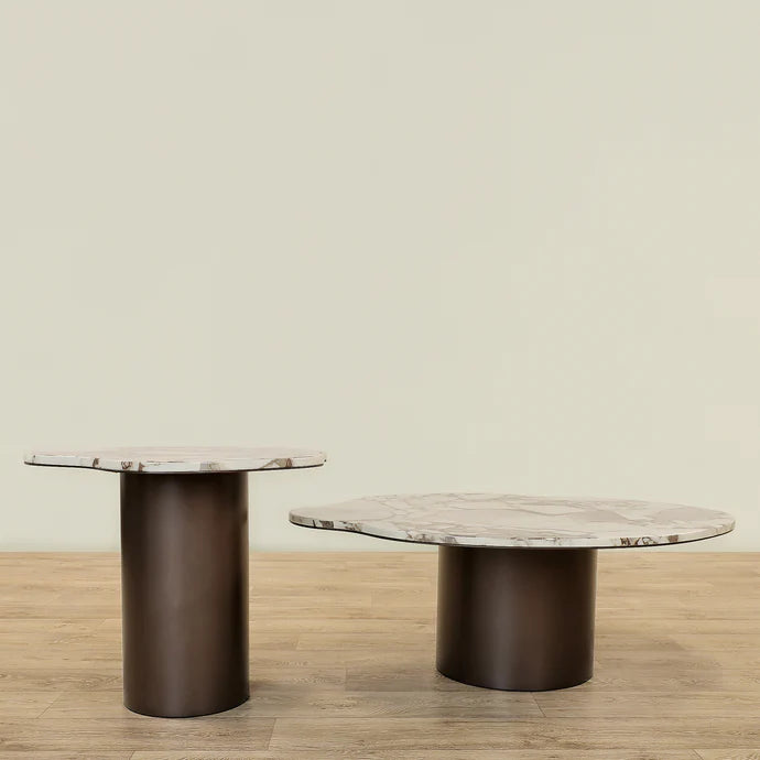 Marble Side Table And Coffee Table  – Faux Marble Top & Coffee Brown Stainless Steel Base