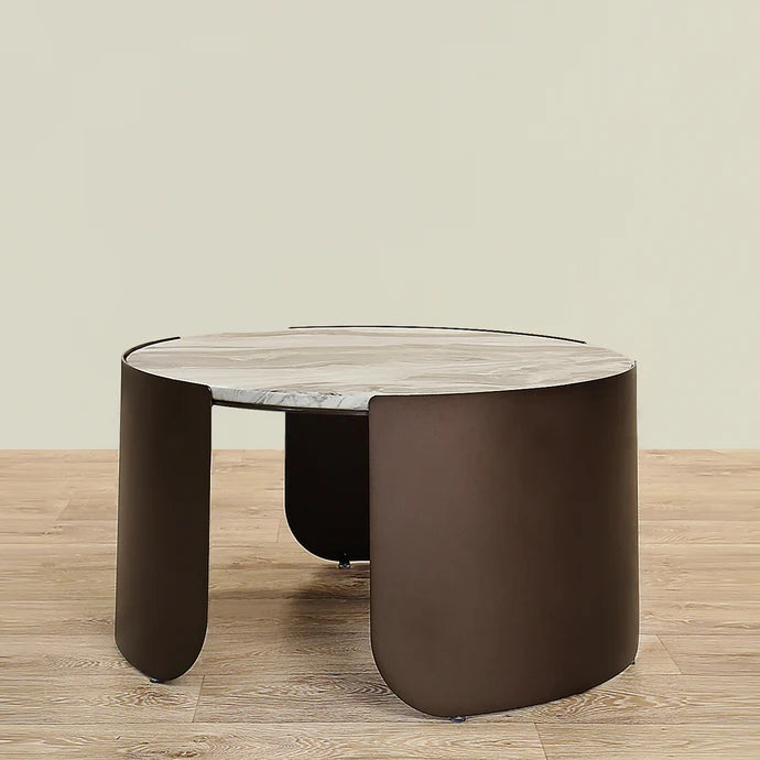 Coffee & Side Table Set – Sintered Stone & Brushed Gold / Faux Marble & Coffee Brown Base