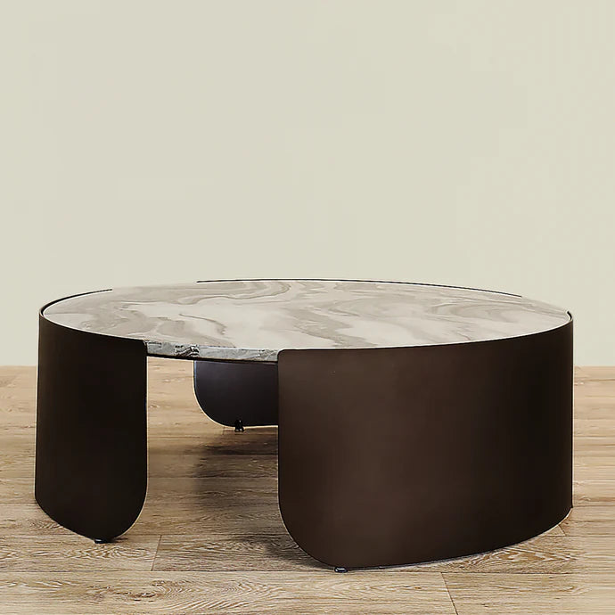 Coffee & Side Table Set – Sintered Stone & Brushed Gold / Faux Marble & Coffee Brown Base