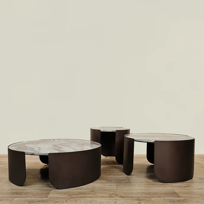 Coffee & Side Table Set – Sintered Stone & Brushed Gold / Faux Marble & Coffee Brown Base