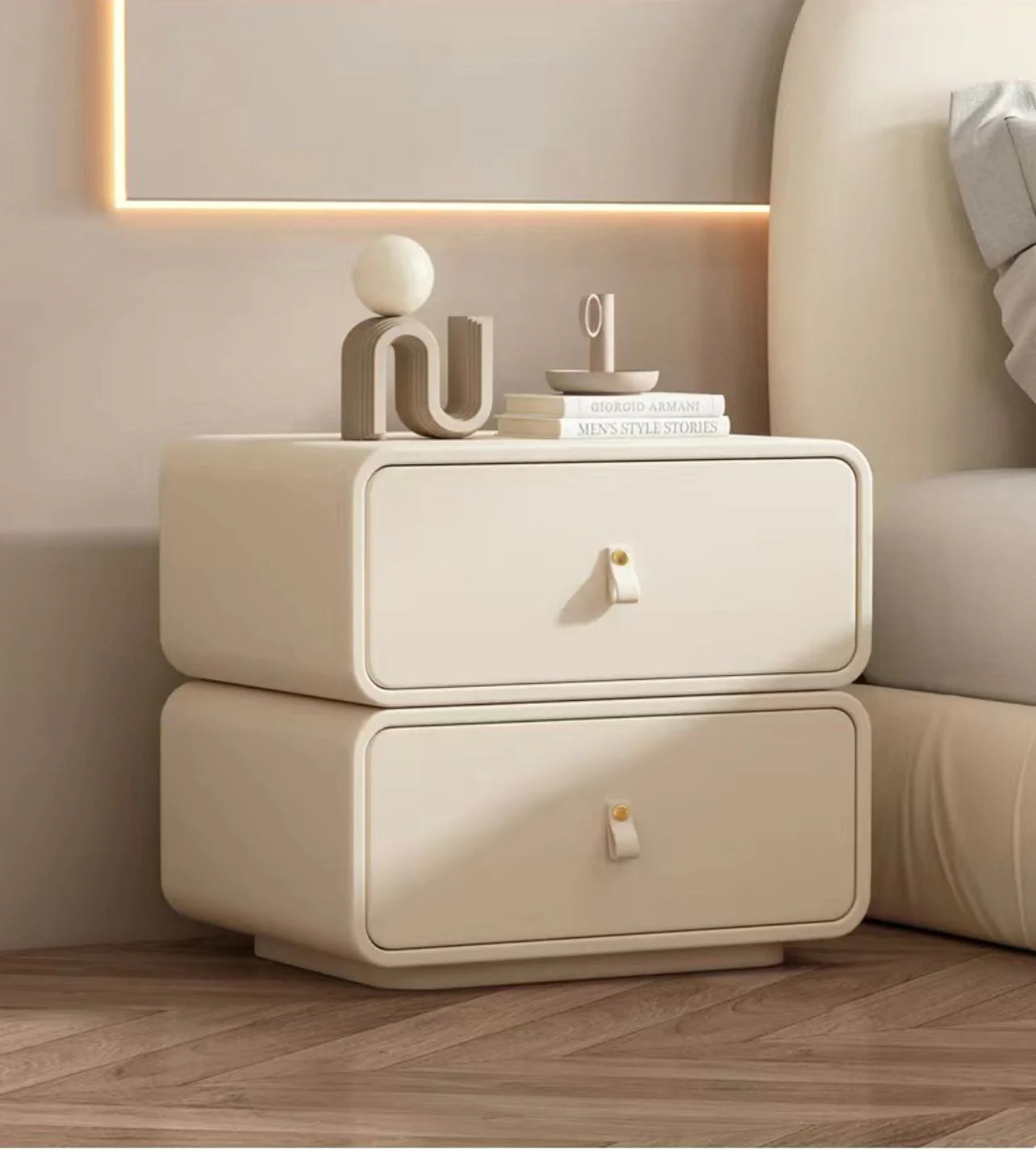 Modern Bedside Table with 2 Drawers | Upholstered Nightstand Storage Cabinet for Bedroom | Wooden Side Table in Pink, White, Gray & Off-White