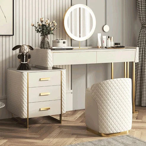 Modern White Vanity Table with LED Mirror and Marble Top-GCC Home Center