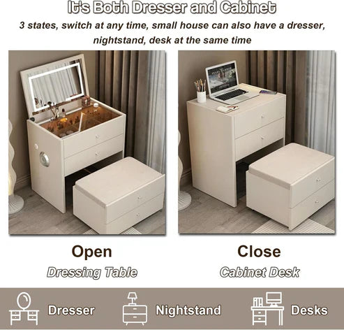 Smart Compact Dressing Vanity Table with LED Mirror, Foldable Bench, and Storage Drawers-GCC Home Center