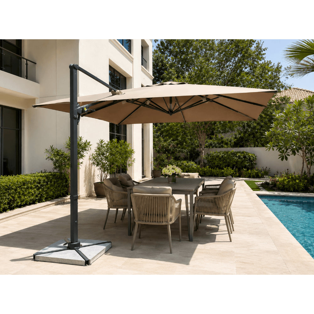 3x4m Aluminum Cantilever Outdoor Umbrella with 360° Rotating Canopy, Solar LED Lights & Marble Base – Khaki Garden Patio Parasol
