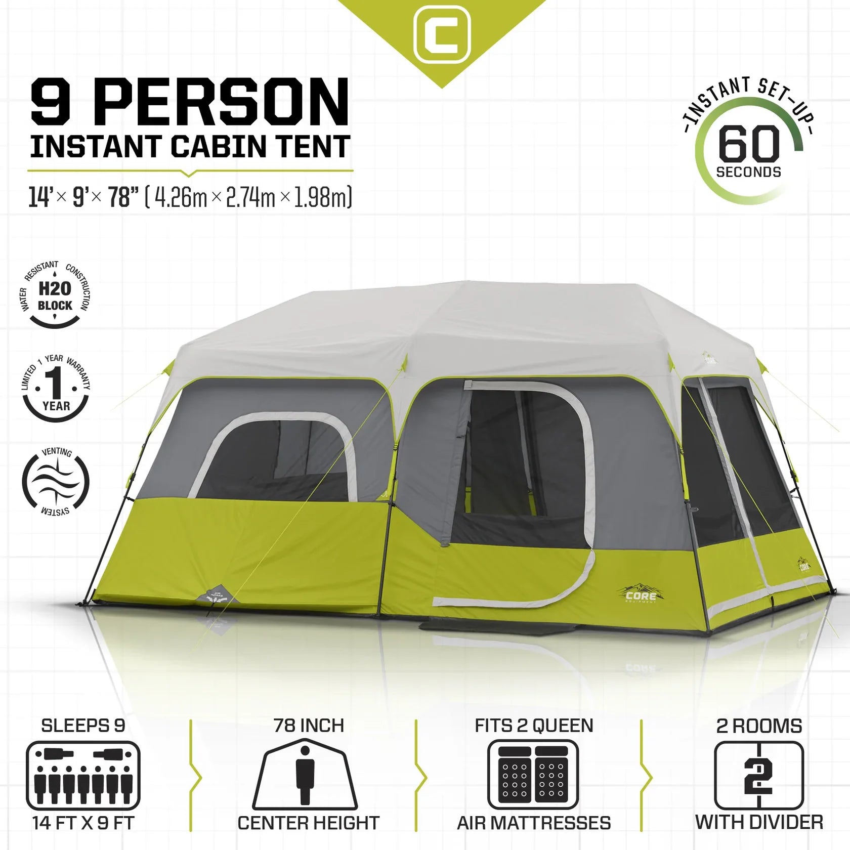 Core 9 Person Instant Cabin Tent – 14' x 9'