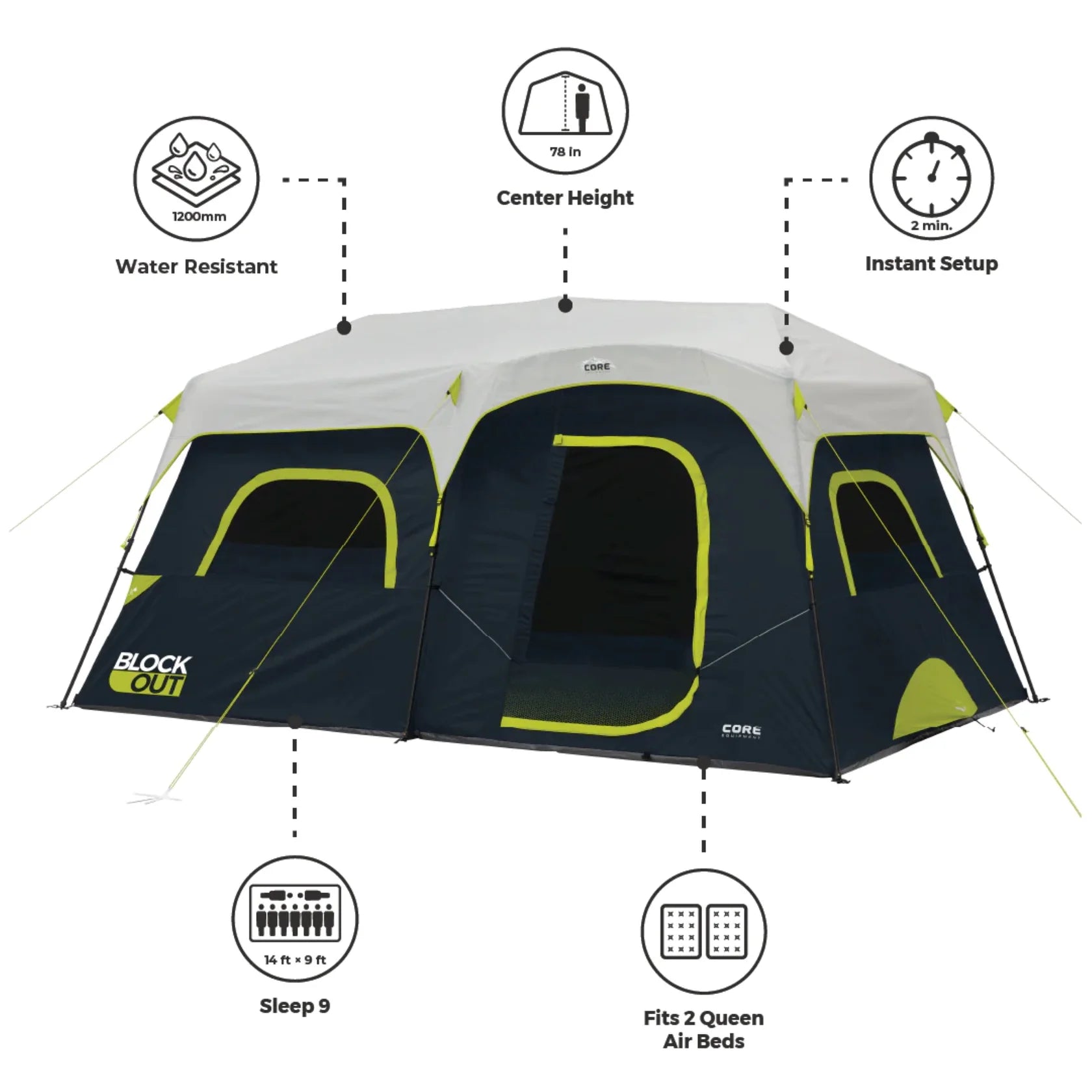 Core 9 Person Instant Cabin Blackout Tent – 14' x 9'
