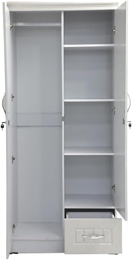 ALWASIT HOME Mehruddin 2 Door Wooden Wardrobe With Mirror with One Lockable Drawer (Without assembly, White)-GCC Home Center