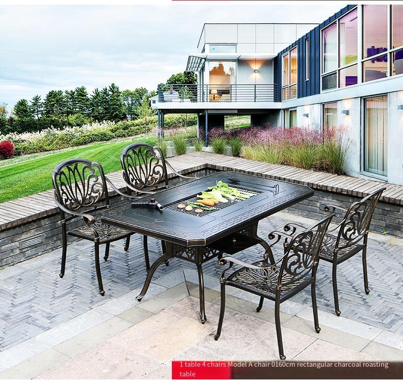 Outdoor Cast Aluminum Multi-functional Barbecue Table & Chair Five-Piece Set