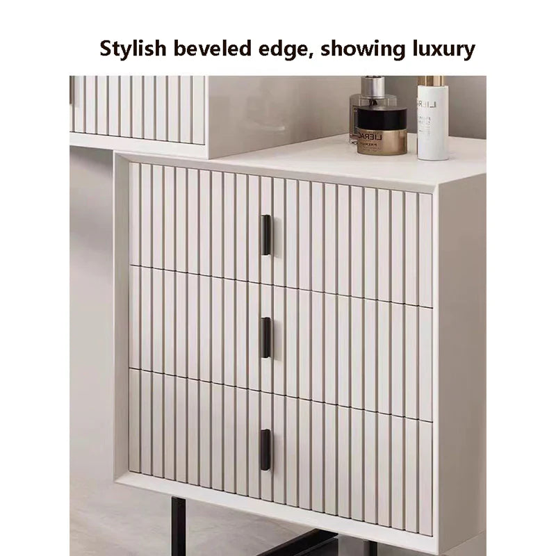 Modern White Vanity Desk with LED Wavy Mirror, 5 Drawers & Storage Cabinet | Makeup Dressing Table with Lights, Study Desk & Console Table