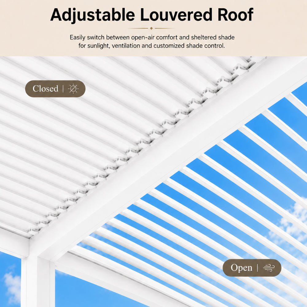 3x4M Aluminum Louver Pergola with Manual Adjustable Roof, Curtains & Mosquito Net | Outdoor Garden, Patio & Terrace Shade Gazebo