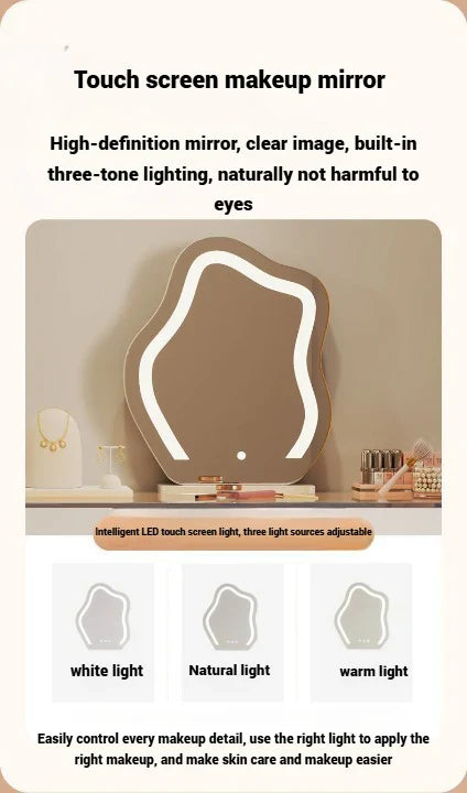 Modern White Dressing Table with LED Mirror - Sleek Makeup Vanity Desk with Slate Marble Finish and Soft-Close Drawers-GCC Home Center