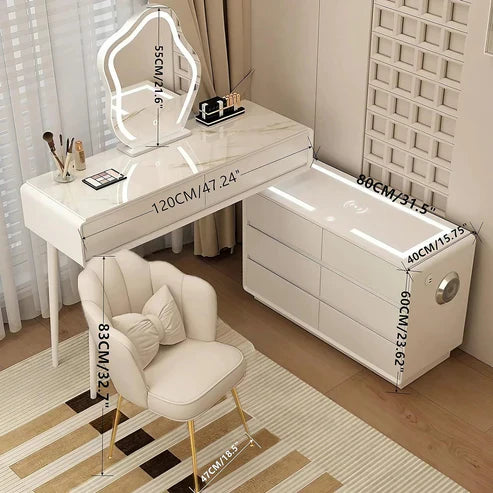 Smart Vanity Table with LED Mirror, Bluetooth Speaker, Wireless Charging - White, Solid Wood-GCC Home Center