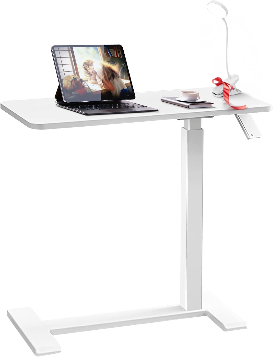 Xmart Adjustable Overbed Table with Wheels，Pneumatic Mobile Standing Desk，Rolling Computer Car，Laptop Desk Multi-Purpose for Home and Medical Use，Sofa Side Table, Movable Bed Table (80x40cm, White)