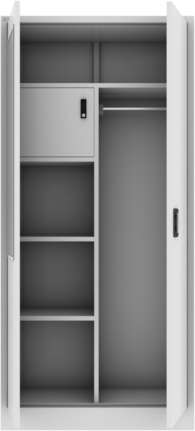 RIGID Steel Home Cupboard with Clothes-Hanging Space Shelving and Front Door Mirror (White)-GCC Home Center