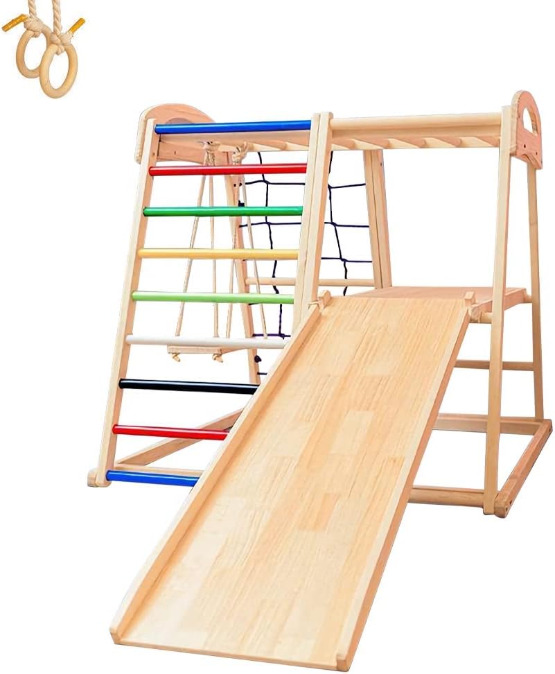 COOLBABY 6 in 1 Solid Wood Kids Climbing Frame. Kids Indoor Wooden Climbing Slide and Swing Combo. Toddler Indoor Playground and Kids Indoor Gym. Double Sided Slide (Climbing/Slide)
