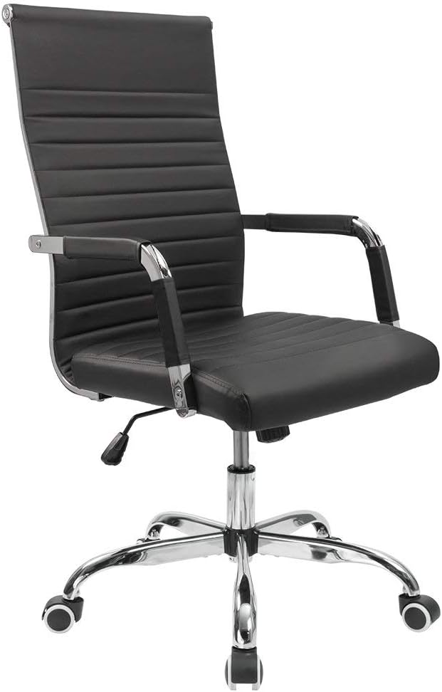 Furmax Ribbed Office Desk Mid-Back Pu Leather Executive Conference Task Adjustable Swivel Chair With Arms, Black