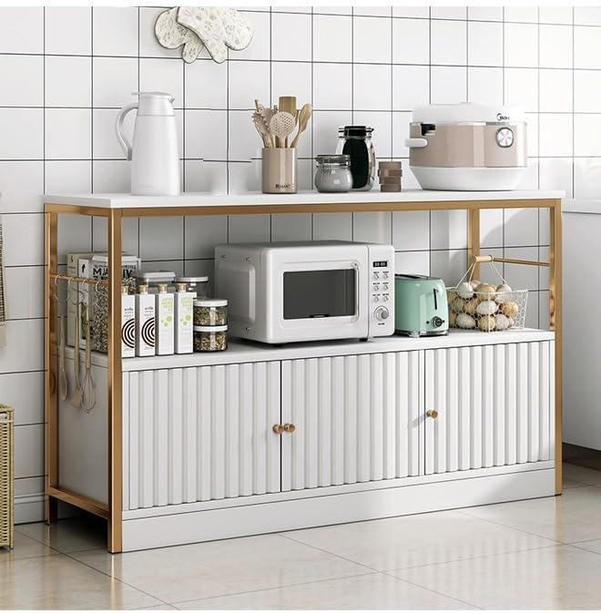 2-Tier Kitchen Storage Shelf Rack with 3 Door Cabinet, Large Storage Rack, Microwave Oven Stand, Spice Organizer