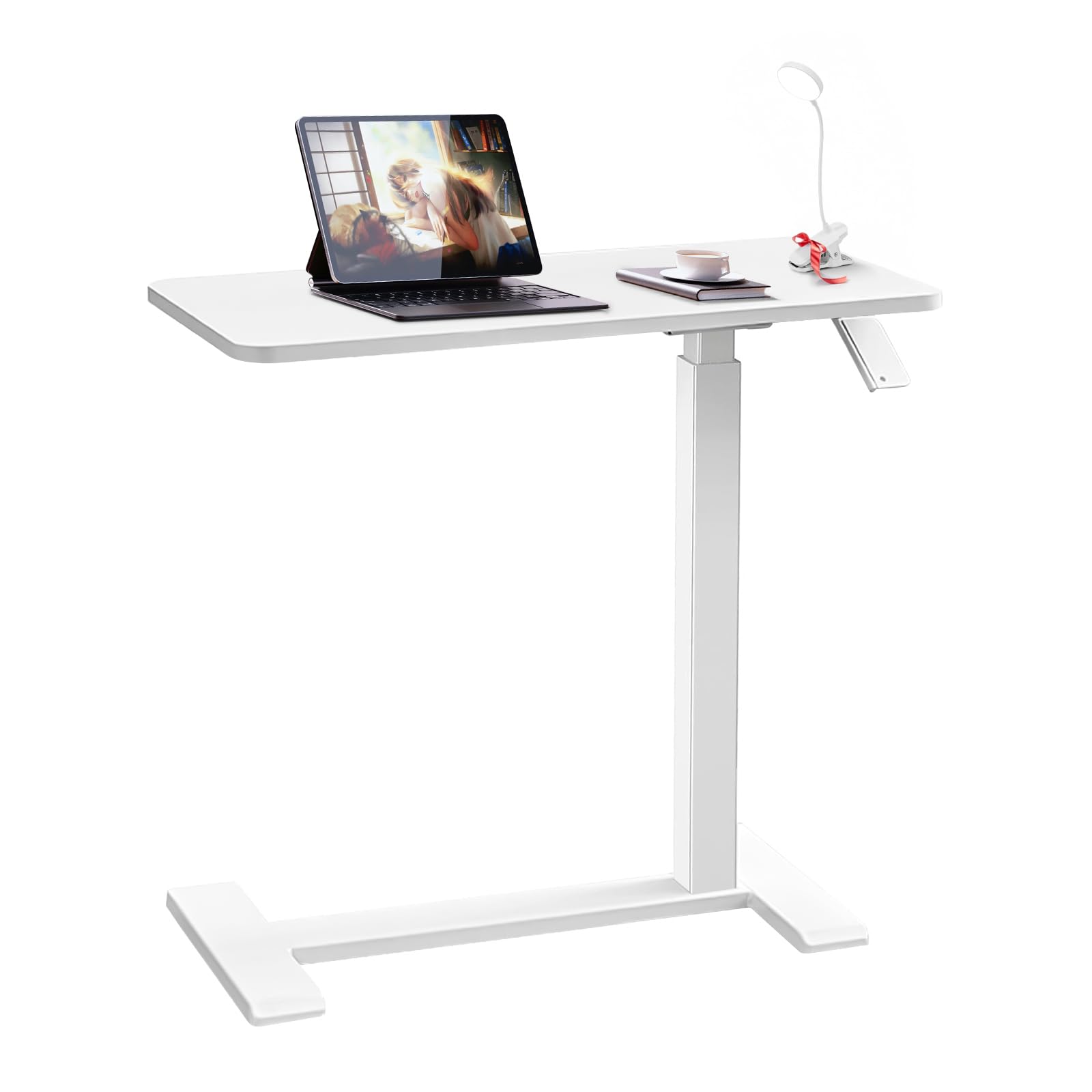 Xmart Adjustable Overbed Table with Wheels，Pneumatic Mobile Standing Desk，Rolling Computer Car，Laptop Desk Multi-Purpose for Home and Medical Use，Sofa Side Table, Movable Bed Table (80x40cm, White)