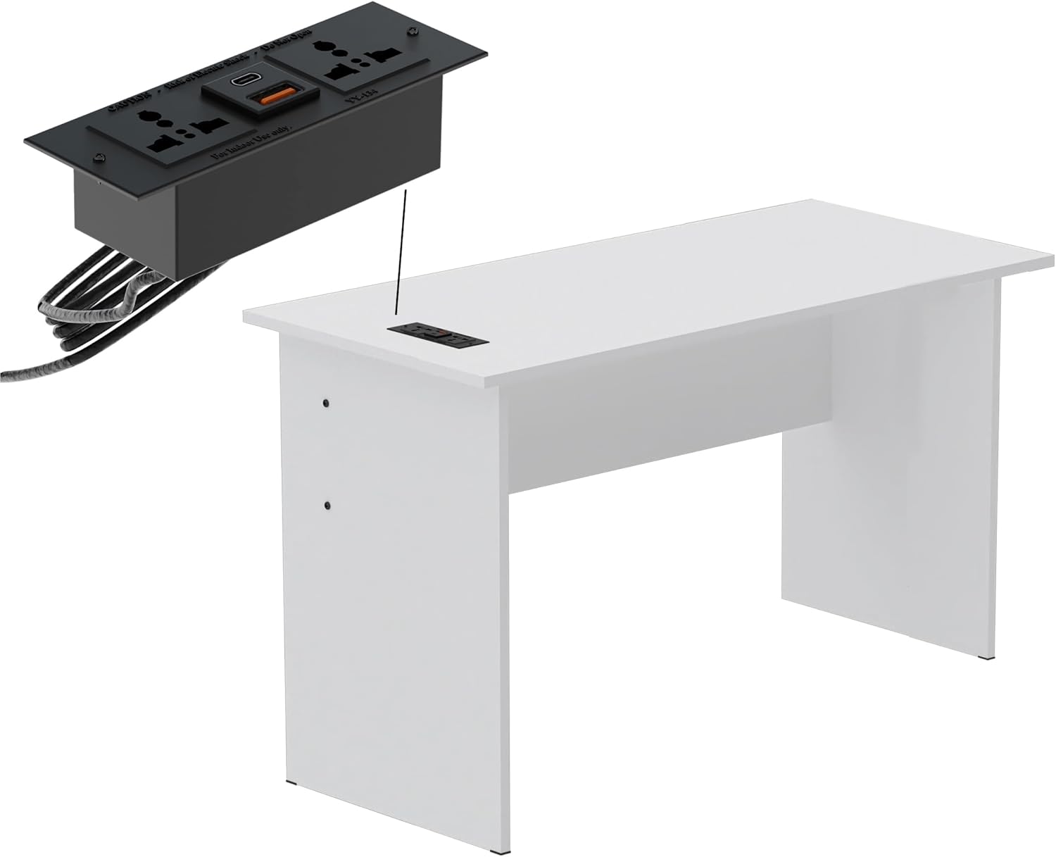 Mahmayi Modern MP1 120x60 Study Writing Table with BS01 Super Recessed Power Strip Desktop Socket Board, Modern Executive Desk for Adults, Home Offices, Schools, Laptop, Computer Workstation - WHITE