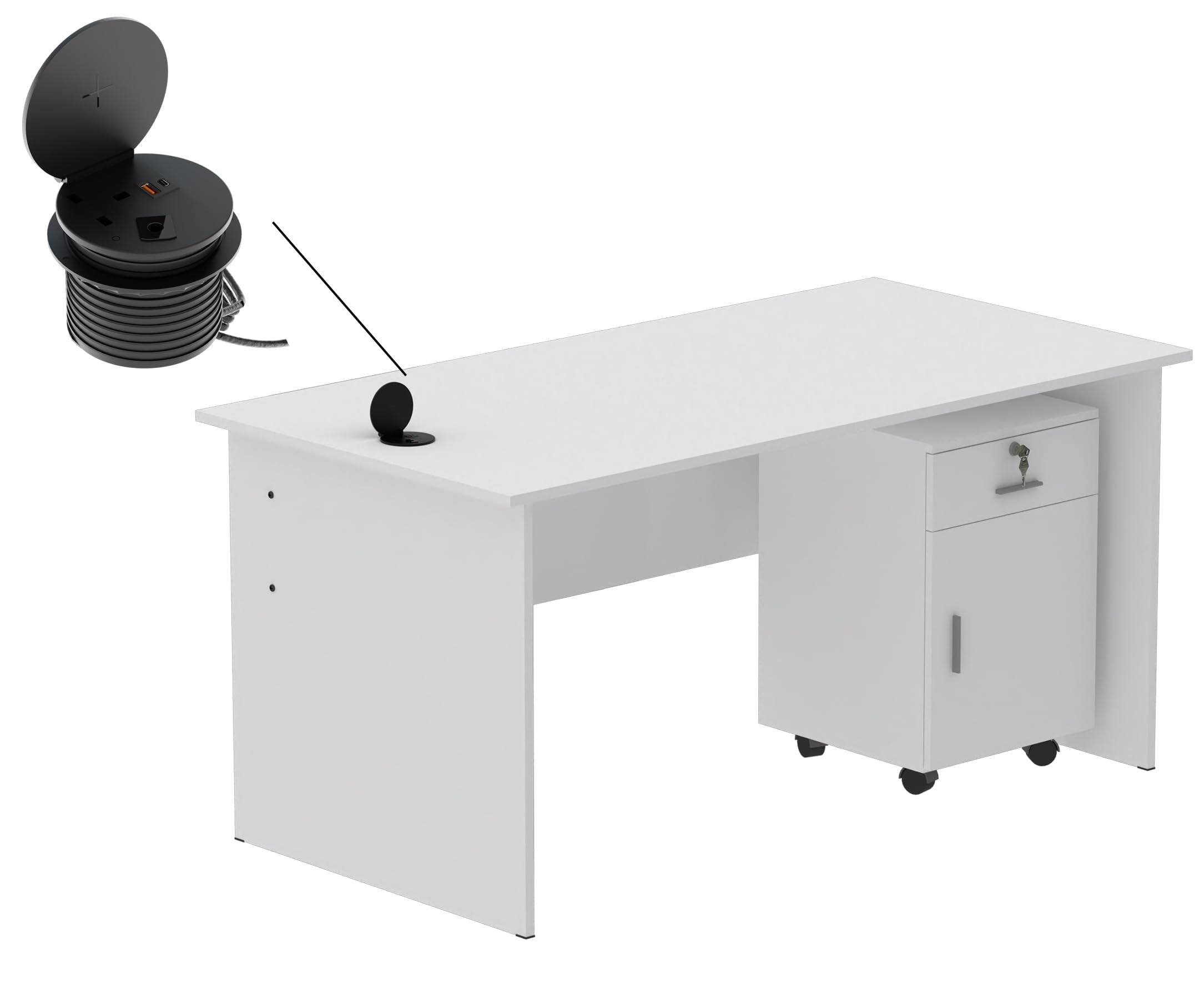 Mahmayi Modern MP1 120x60 Study Writing Table with BS01 Super Recessed Power Strip Desktop Socket Board, Modern Executive Desk for Adults, Home Offices, Schools, Laptop, Computer Workstation - WHITE