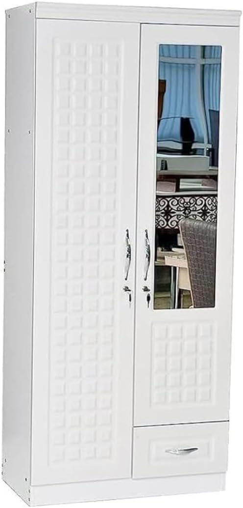 ALWASIT HOME Mehruddin 2 Door Wooden Wardrobe With Mirror with One Lockable Drawer (Without assembly, White)-GCC Home Center