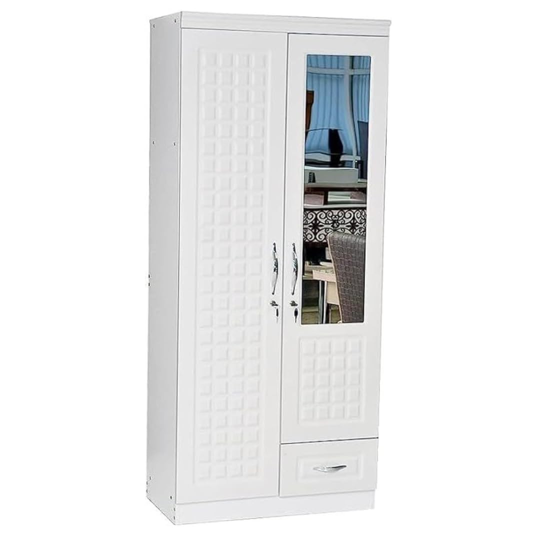ALWASIT HOME Mehruddin 2 Door Wooden Wardrobe With Mirror with One Lockable Drawer (Without assembly, White)-GCC Home Center