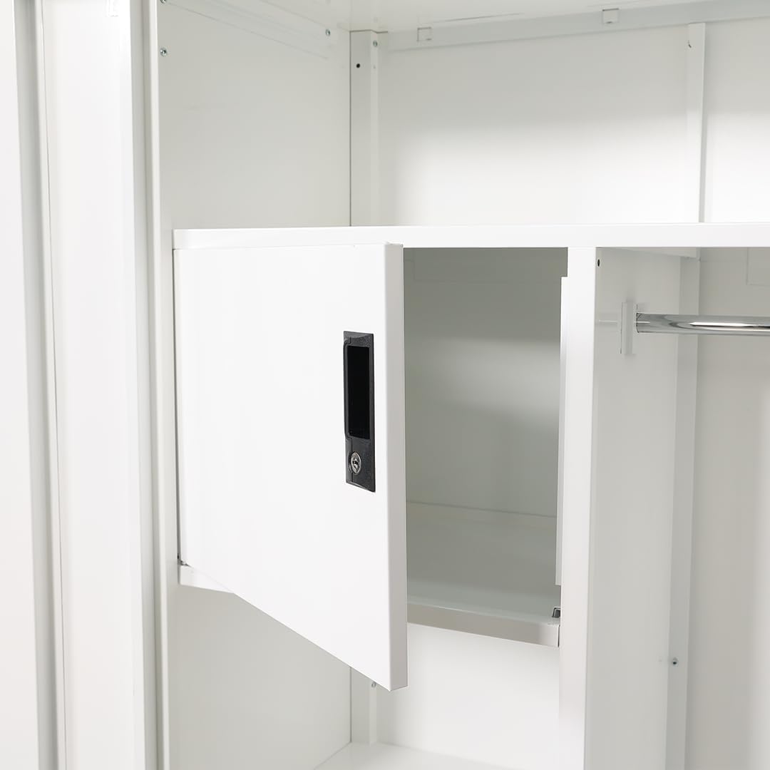 RIGID Steel Home Cupboard with Clothes-Hanging Space Shelving and Front Door Mirror (White)-GCC Home Center