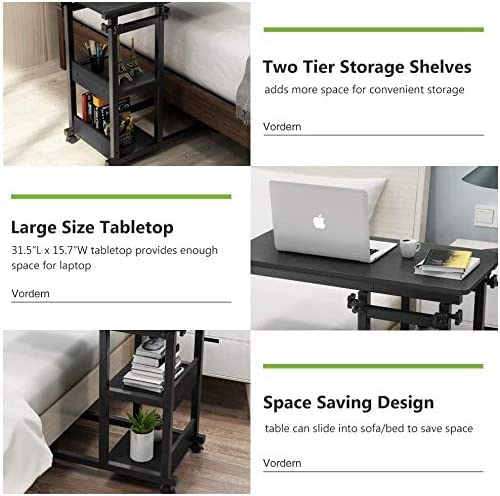 C-Shaped Snack Side Table with Wheels | Rolling Laptop Cart with Storage Shelves for Sofa, Bed & Living Room