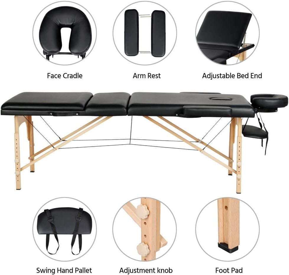 COOLBABY Professional Portable Massage Table Professional Adjustable Folding Bed with 3-part Wooden Frame Ergonomic Headrest and Lash Extension Bed,Facial Cradle Salon Bed (Black) KYBJ-302-SRK21