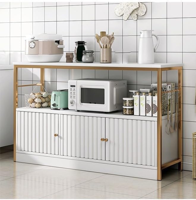 2-Tier Kitchen Storage Shelf Rack with 3 Door Cabinet, Large Storage Rack, Microwave Oven Stand, Spice Organizer
