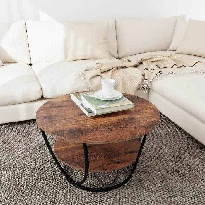Round Coffee Table with Marble Top Like Finish Stylish 2-Tier Design