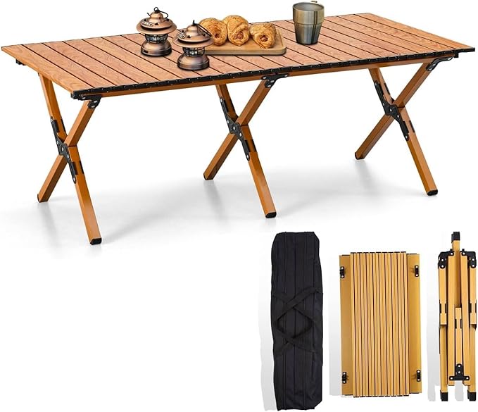 Roll-Up Metal Folding Table For Outdoor Events with Carry Bag – Brown, 120 x 60 cm