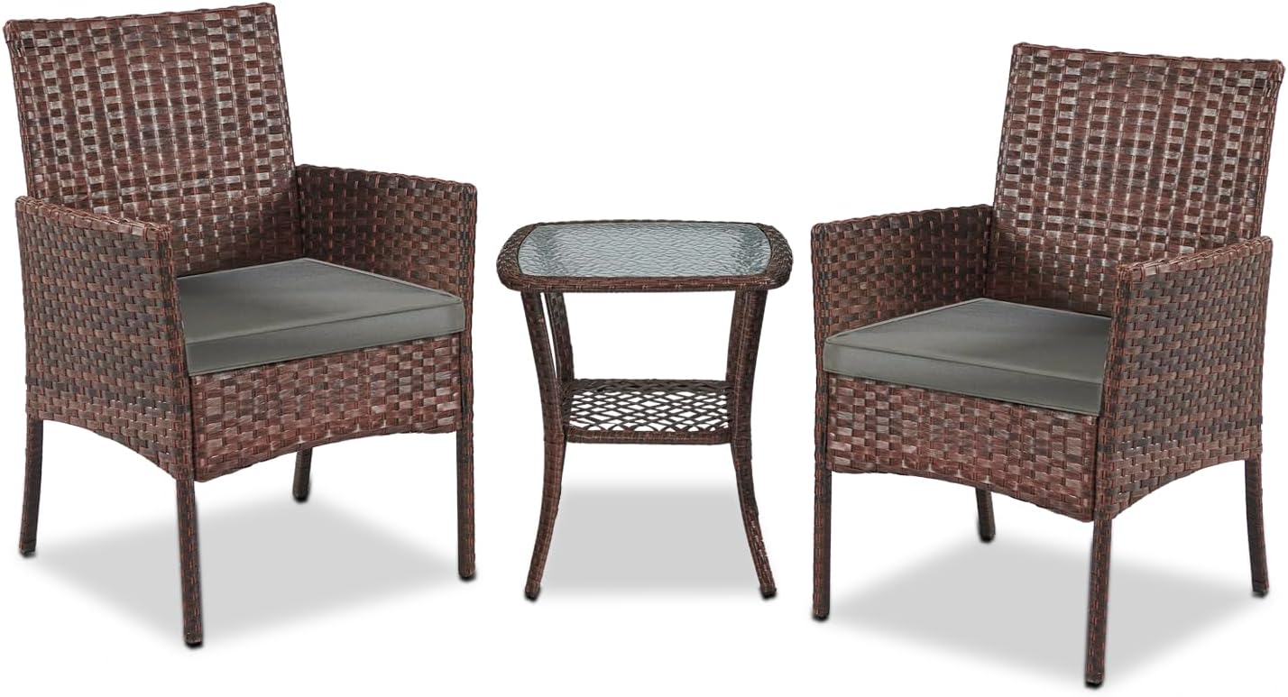 YIYAN Garden Furniture Set 3 Pieces Patio Rattan Wicker Chairs,Patio Porch Outdoor Furniture Set with Chairs, Coffee Table and Washable Cushions (Gray)