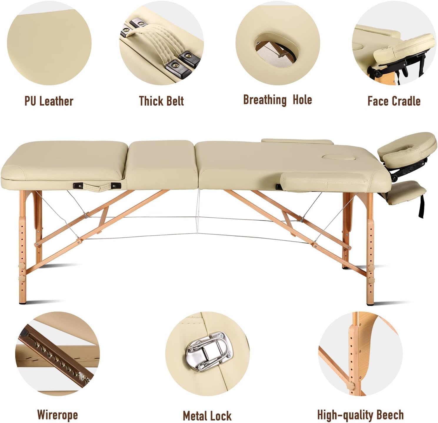 28" Portable Massage Table With Backrest Free Wheeled Carry Case, Folding SPA Bed, Lightweight, Spa Tattoo Couch Bed, 3/2 Zones with Height-Adjustable, Beige Color