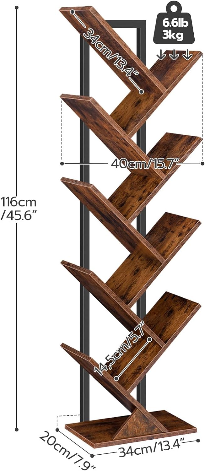 HOOBRO Floor Standing Tree Bookshelf, 9 Tier Tree Bookcase Shelves Wooden, Freestanding Office Bookcase Storage Organizer for Living Room, Bedroom, Tall Wood Bookshelf, Rustic Brown EBF08SJ01G1