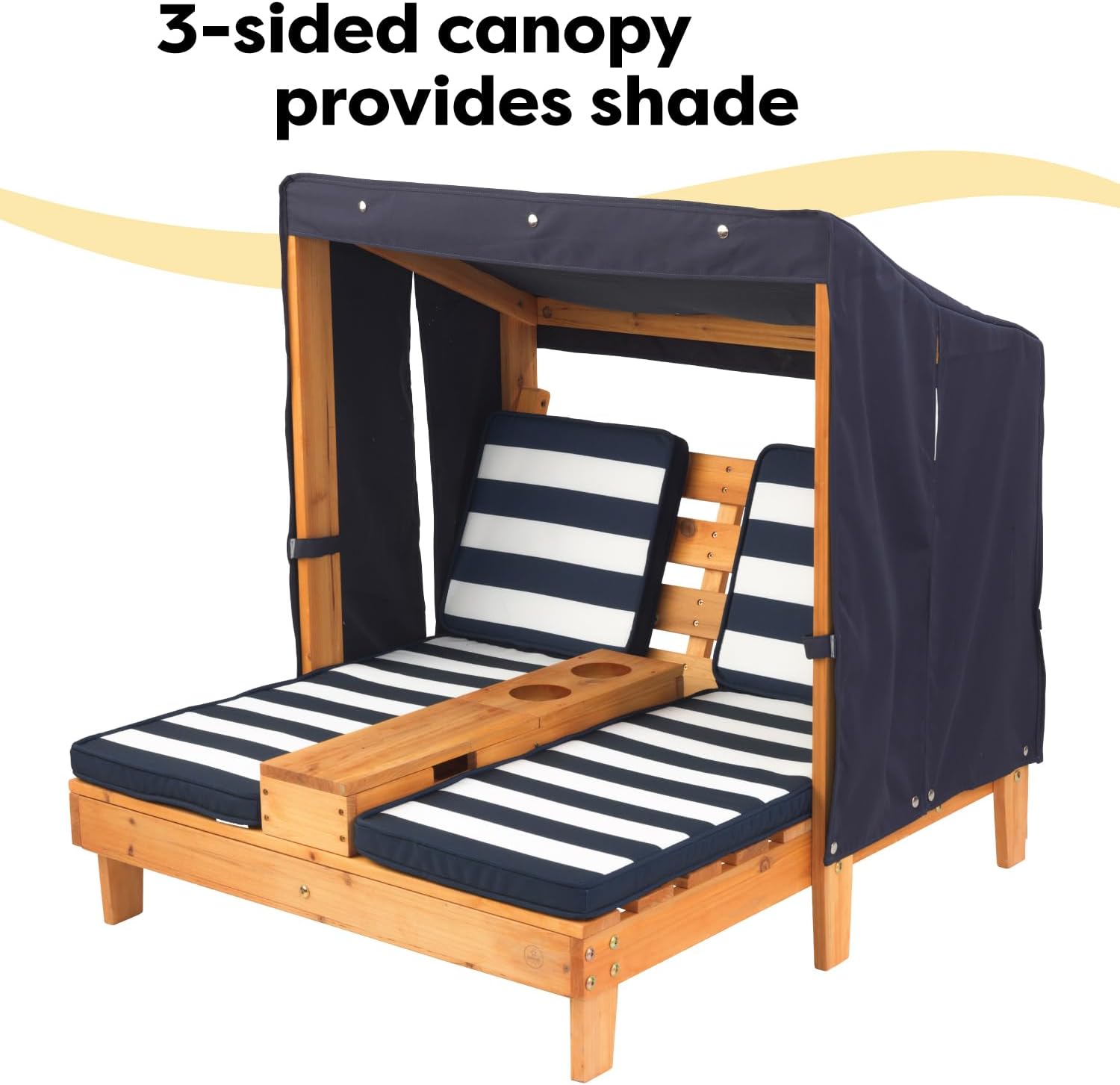 KidKraft Wooden Outdoor Double Chaise Lounge with Cup Holders, Kid's Patio Furniture, Honey Navy and White Striped Fabric, Gift for Ages 3-8