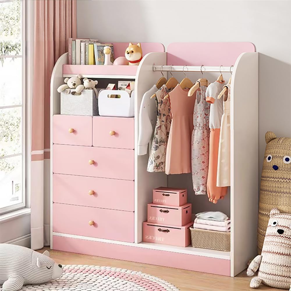 MUMOO BEAR Creative Kids Wardrobe, Wooden Cabinet with 5 Drawers and Hanging Area for Clothes Storage Organizer, Modern Closet Heavy Duty Bedroom Furniture for Boys Girls, YN011 (Pink)-GCC Home Center