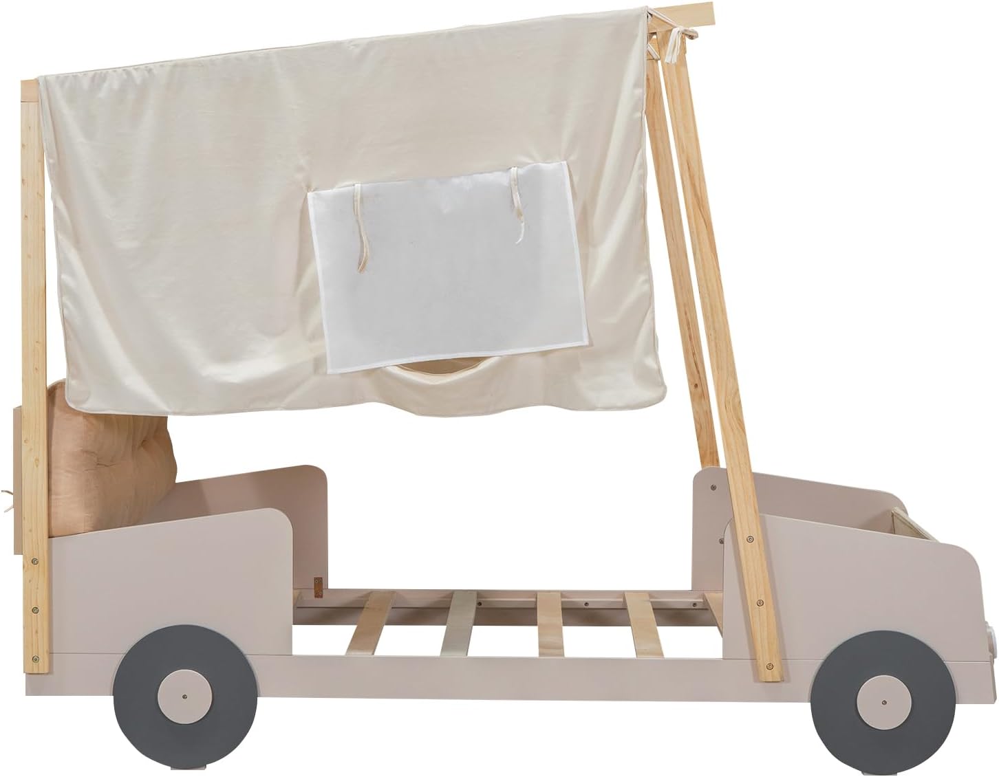 Twin Size kid Car Bed with Pillow & Car Headlights Shaped LED Light,Wood Kid Bed Frame W/Ceiling Cloth & Magazine Holder,Toy Bedroom Furniture for Boys Toddlers Child,Natural