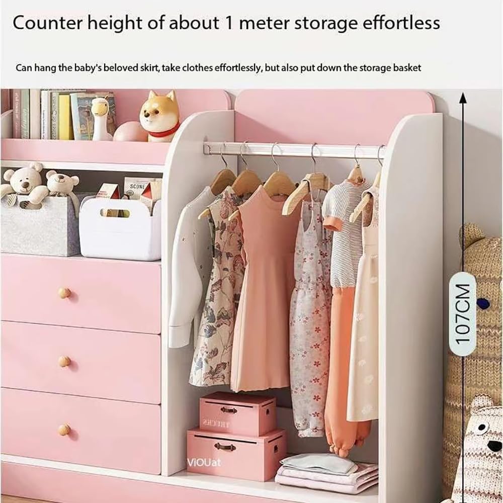 MUMOO BEAR Creative Kids Wardrobe, Wooden Cabinet with 5 Drawers and Hanging Area for Clothes Storage Organizer, Modern Closet Heavy Duty Bedroom Furniture for Boys Girls, YN011 (Pink)-GCC Home Center