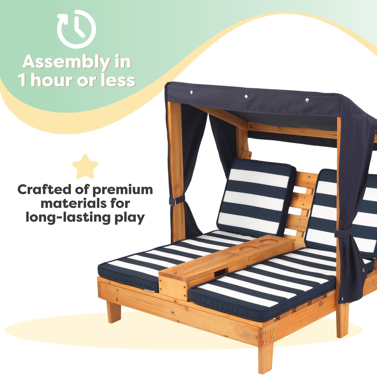 KidKraft Wooden Outdoor Double Chaise Lounge with Cup Holders, Kid's Patio Furniture, Honey Navy and White Striped Fabric, Gift for Ages 3-8