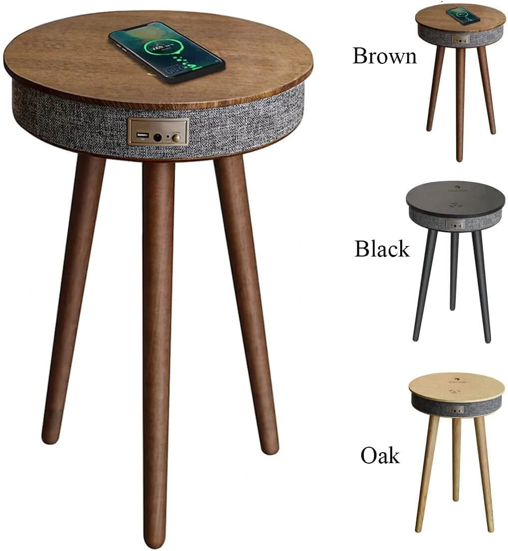 Modern Smart Side Table with 360° Bluetooth Speaker & Wireless Charging | Wooden Round End Table for Living Room, Bedroom & Office