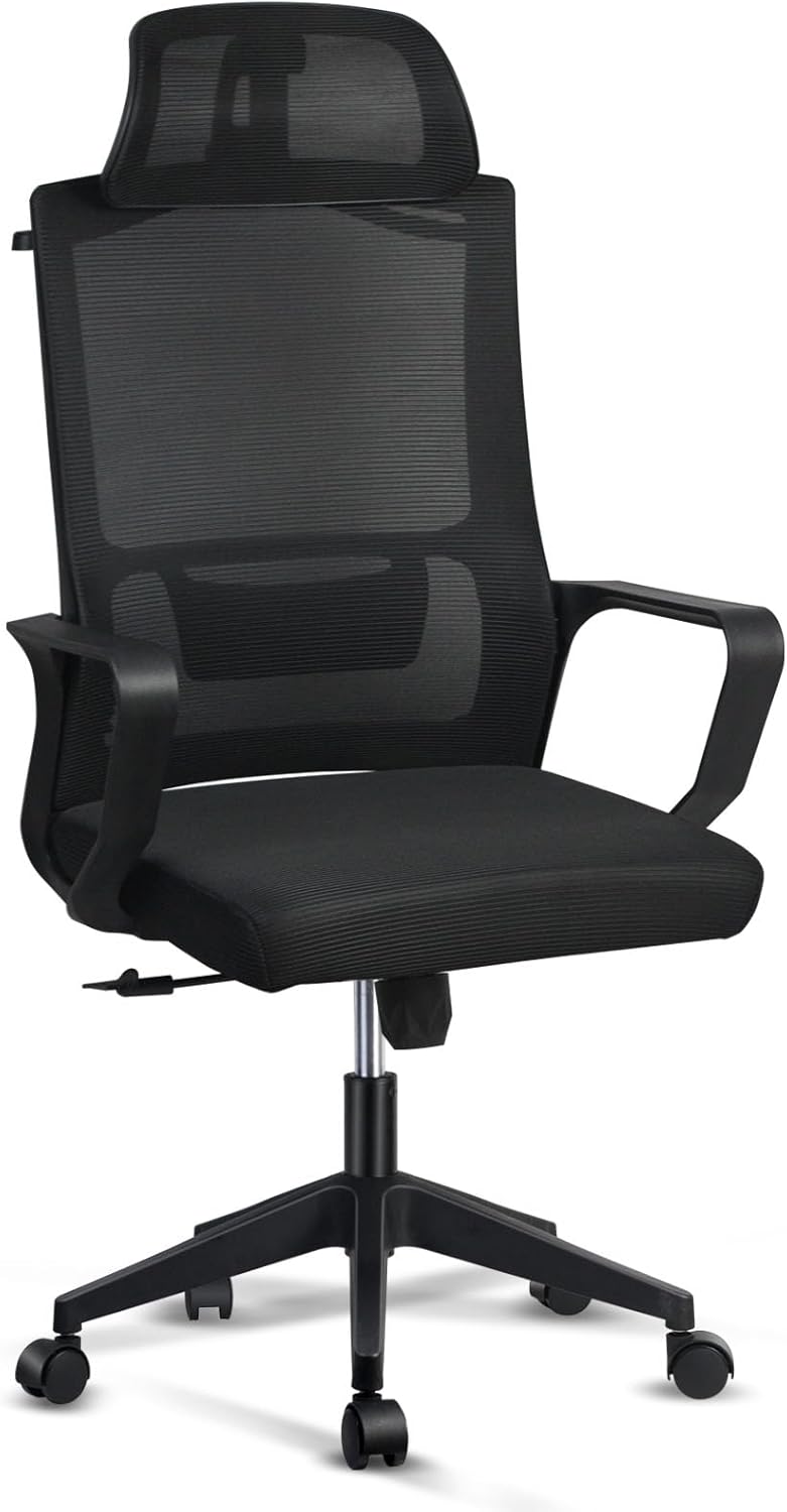 Ergonomic Office Chair with Adjustable Headrest | Desk Chair | Lumbar Support | Large Space Padded Seat Cushion｜with Tilt Back｜Mesh Breathable Backrest｜60 * 60 * 131cm Black