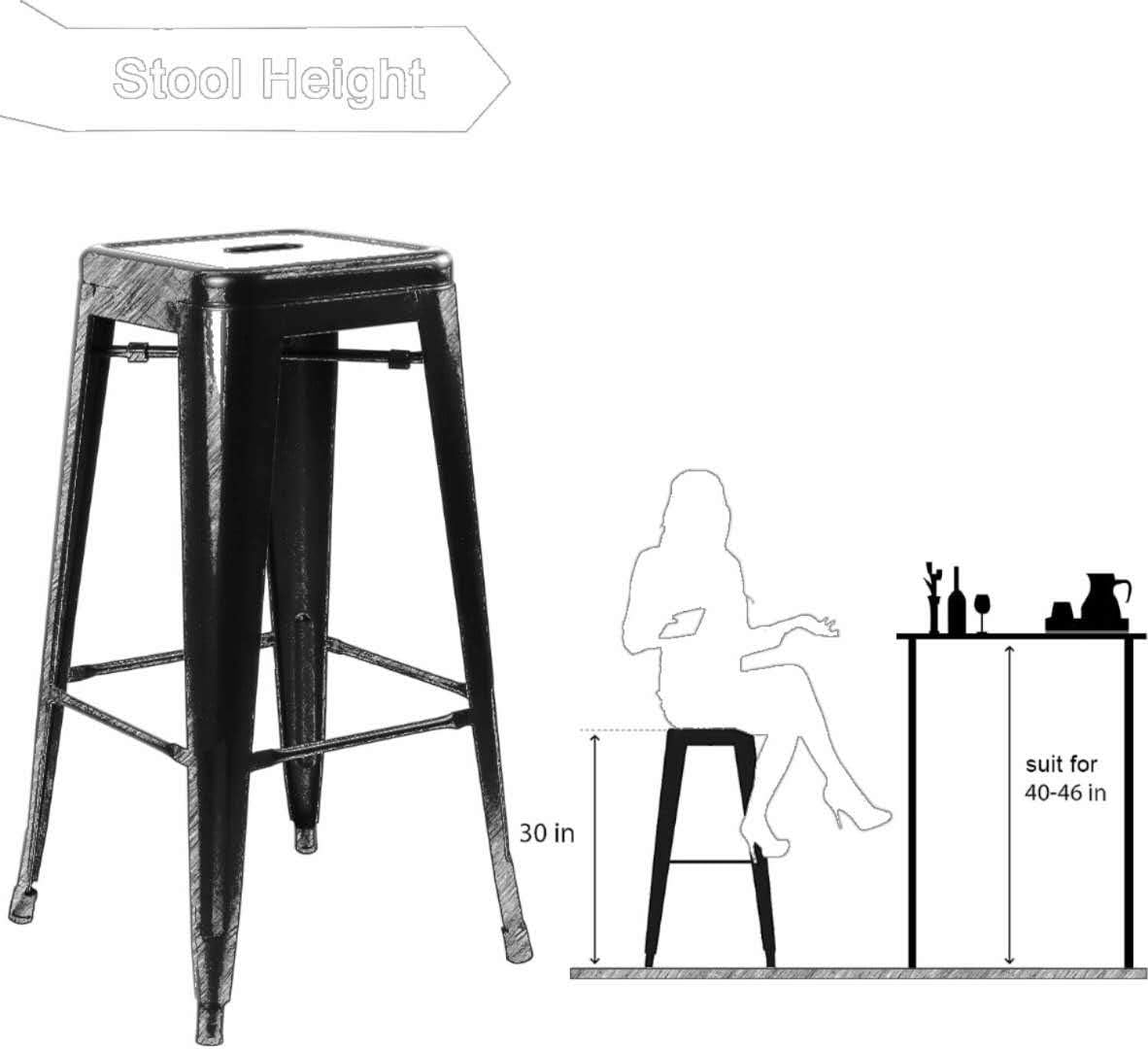 LANNY 76CM Metal Bar Stools High Backless Stools Bar Height Stools Patio Furniture Indoor/Outdoor Stackable Kitchen Stools Dining Chair (Matt Black)-GCC Home Center