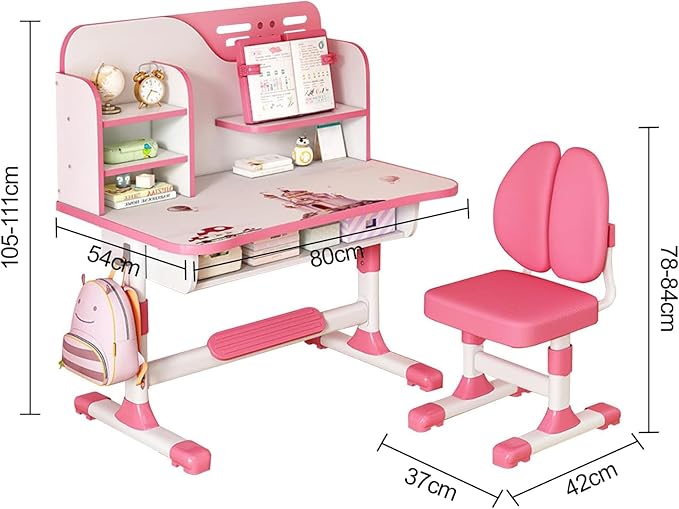 Adjustable Kids Study Learning Desk and Chair Set With Bookshelf, Drawer Storage, Shelves, Table Lamp & Fun Stickers