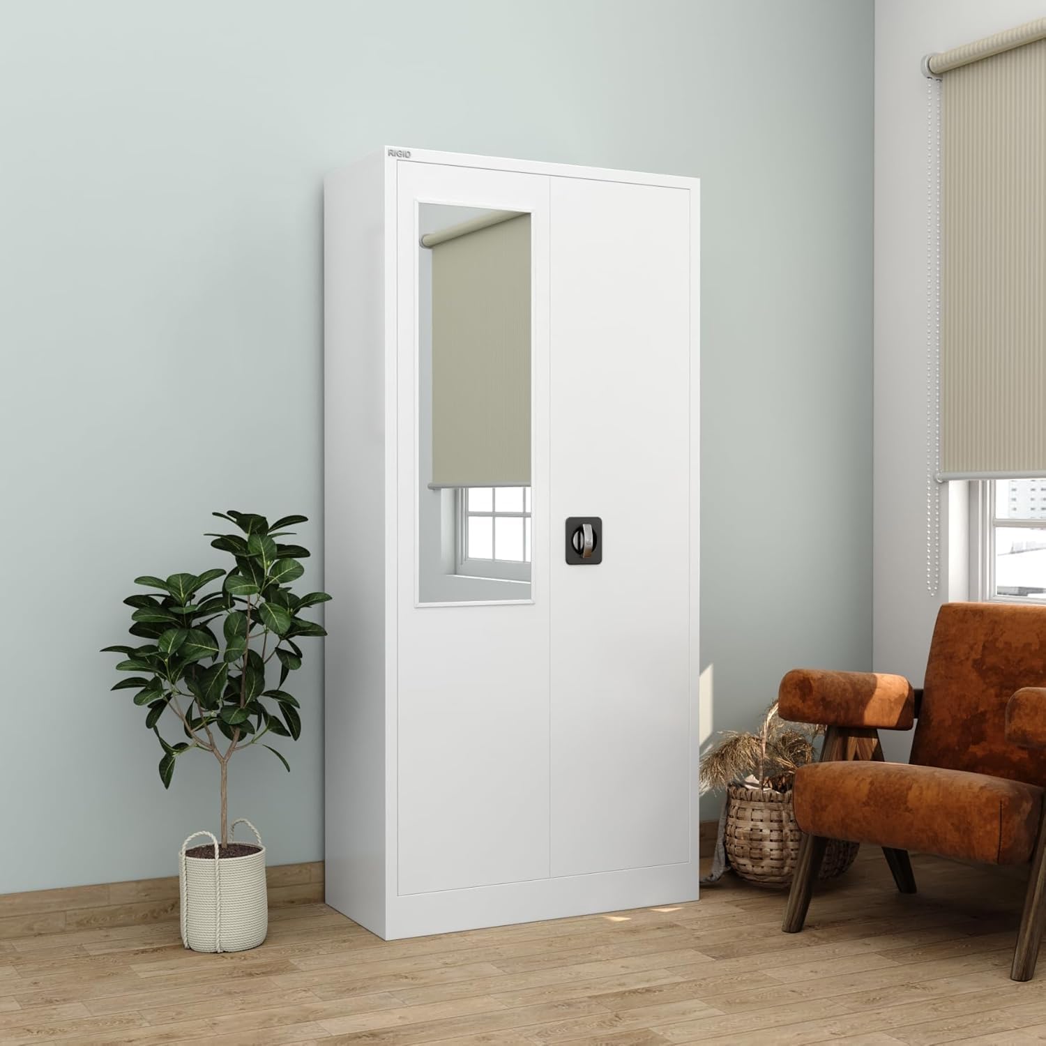RIGID Steel Home Cupboard with Clothes-Hanging Space Shelving and Front Door Mirror (White)-GCC Home Center