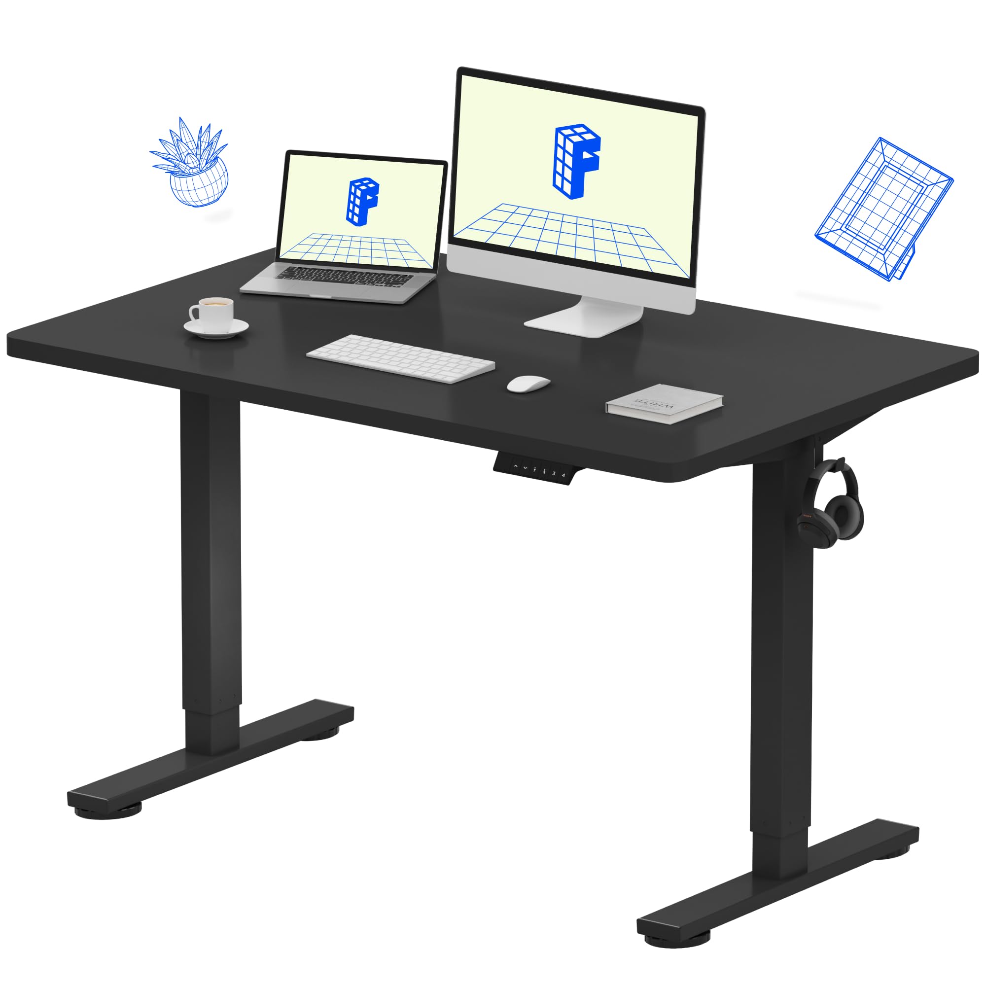 Flexispot 55 X 28 Inches Electric Stand Up Metal Desk Workstation, Whole Piece Desk Board Home Office Computer Standing Table Height Adjustable Desk Black Frame and 55 Black Top-GCC Home Center