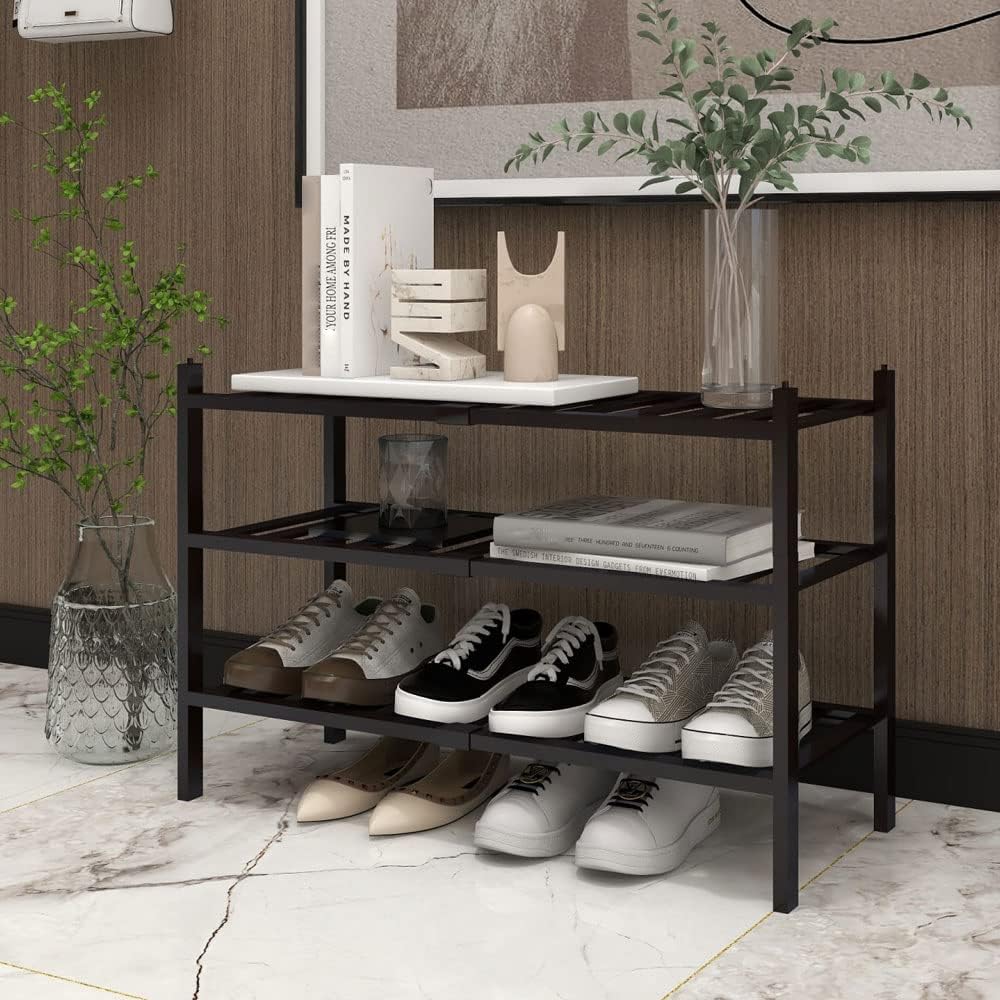 ORiTi Bamboo Shoe Rack 3 Tier Stackable Shoe Shelf Shoes Organizer Standing Shoe Stand Stable and Study for Closet Entryway Hallway Bedroom Floor Dorm Black 69x46x28cm