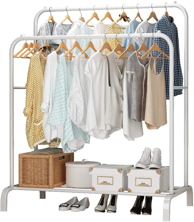 Metal Clothes Rack – Heavy Duty Hanger with Storage Shelf & Side Hooks (White)