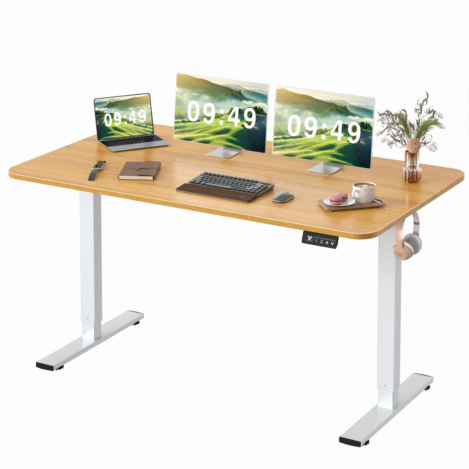 Furmax Electric Height Adjustable Standing Desk Large 55 x 24 Inches Sit Stand Up Desk Home Office Computer Desk Memory Preset with T-Shaped Metal Bracket, Black-GCC Home Center