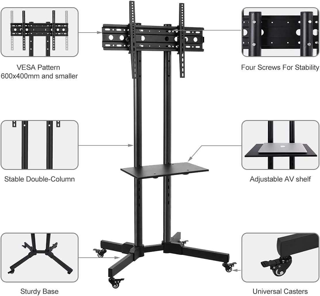 COOLBABY Mobile Rolling TV Cart with Lockable Wheels for 32-65inch LED Screen AV Carts & Stands, Tall TV Stand with Mount Height Adjustable Floor TV Stand Holds Up to 50KG Max VESA 600x400mm (Black)